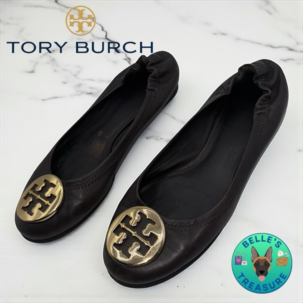 Tory Burch Reva Womens Ballet 7 M Black Leather Round Toe Comfort Slip On Flats